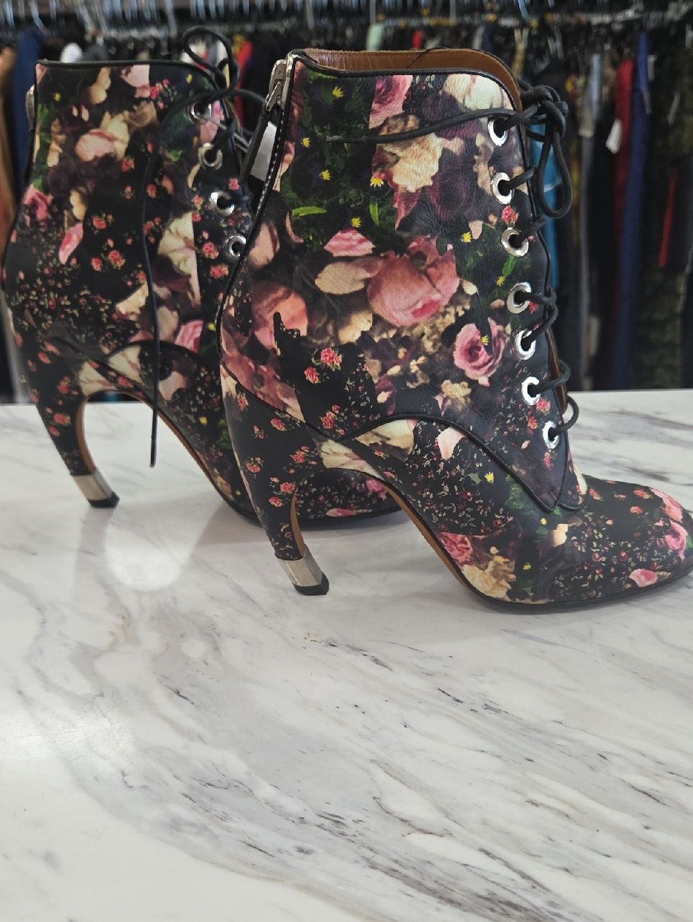 Floral Lace-Up Ankle Boots - Black/Pink